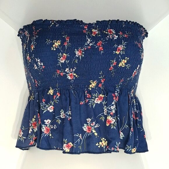 GARAGE Women’s Blue Floral Smocked Crop Tube Top Medium Strapless Peplum - Picture 2 of 8